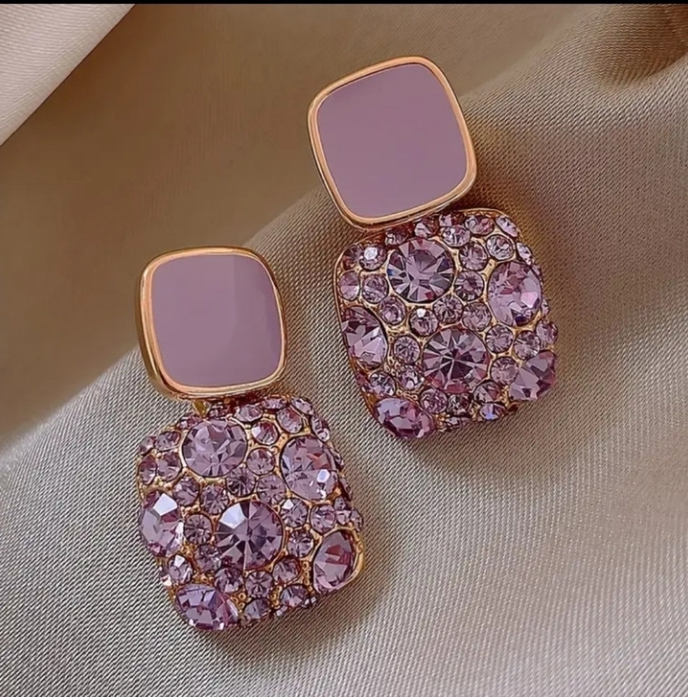Soft Lavender Pink Rhinestones Square Dangle Earrings